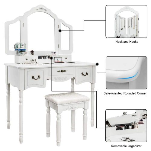  Bonnlo Large Vanity Set for Girls/Women/Adults 5 Drawers Makeup Dressing Table with Cushioned Stool,Tri-Folding Mirror Vanity Table with Necklace Hooks and Removable Desk Makeup Or
