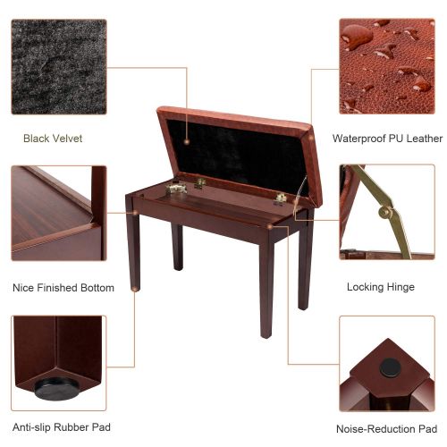  Bonnlo Brown Duet Piano Bench with Storage Compartment and Thick Cushion Hinged top Artist Duet Seat