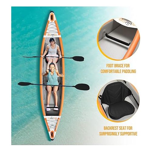  Bonnlo Inflatable Kayak Foldable Kayak for Adults Blow Up Kayaks with Kaykay Seats, Foot Pedal, 7.6 FT Aluminum Oars, Output and Input Air Pump for 1 Person, 2 Person, 2 Plus 1 Child, Easily Track