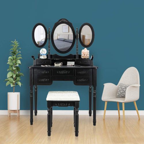  Bonnlo 7 Drawers Vanity Table Set for Girls Tri-Folding Mirrors Makeup Vanity Table with Cushioned Stool&2 Drawer Dividers&2 Makeup Brush Holders,Black