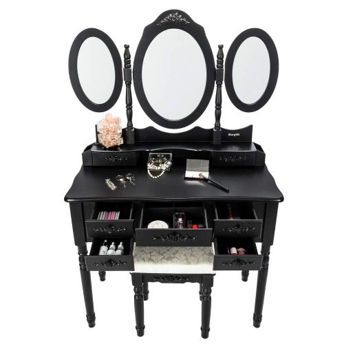  Bonnlo 7 Drawers Vanity Table Set for Girls Tri-Folding Mirrors Makeup Vanity Table with Cushioned Stool&2 Drawer Dividers&2 Makeup Brush Holders,Black