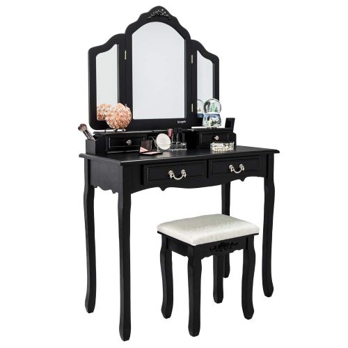  Bonnlo Black Vanity Set Makeup Vanity Table Set with 4 Drawers Tri-Folding Mirror Vanity Dressing Table with Vanity Cushioned Stool,Bedroom Vanity Table with Necklace Hooks&Brush H