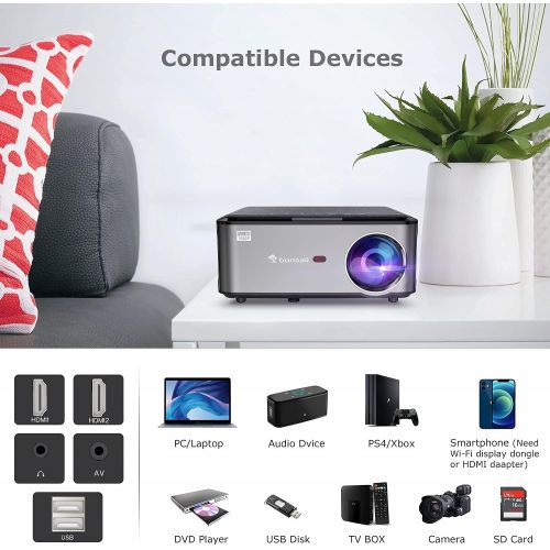  Bonsaii Native 1080P Outdoor Movie Projector, FHD 9500L WiFi Bluetooth Projector for Indoor Home Theater, Support 4D Keystone, Zoom, PPT, 300 Portable Video Projector Compatible w/Laptop/P