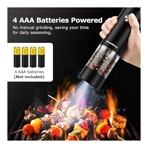  Bonsenkitchen Electric Salt and Pepper Grinder Set, Battery Operated(Not Included),2 Pack Automatic Salt & Pepper Mill Shakers with LED Light, Adjustable Coarseness, Storage Base, 95ml Large Capacity