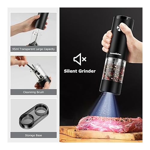  Bonsenkitchen Electric Salt and Pepper Grinder Set, Battery Operated(Not Included),2 Pack Automatic Salt & Pepper Mill Shakers with LED Light, Adjustable Coarseness, Storage Base, 95ml Large Capacity