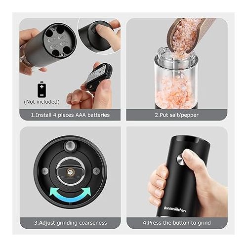  Bonsenkitchen Electric Salt and Pepper Grinder Set, Battery Operated(Not Included),2 Pack Automatic Salt & Pepper Mill Shakers with LED Light, Adjustable Coarseness, Storage Base, 95ml Large Capacity