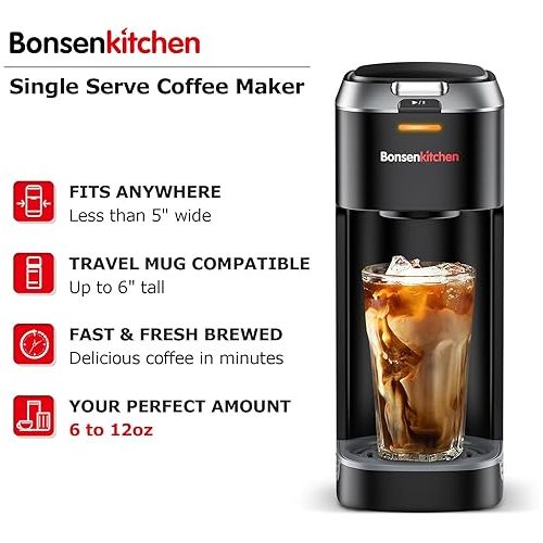  Bonsenkitchen Single Serve Coffee Maker, Coffee Brewer for K Cup Capsule, Fast Brewing Coffee Machine, Space Saving Design, 6 to 12oz Brew Size