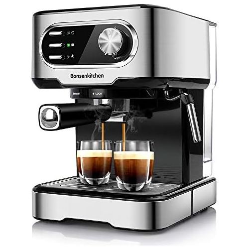  Bonsenkitchen Espresso Machine 15 Bar Coffee Machine With Foaming Milk Frother Wand, 850W High Performance No-Leaking 1.5 Liters Removable Water Tank Coffee Maker For Espresso, Cappuccino, Latte