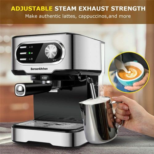  Bonsenkitchen Espresso Machine 15 Bar Coffee Machine With Foaming Milk Frother Wand, 850W High Performance No-Leaking 1.5 Liters Removable Water Tank Coffee Maker For Espresso, Cappuccino, Latte