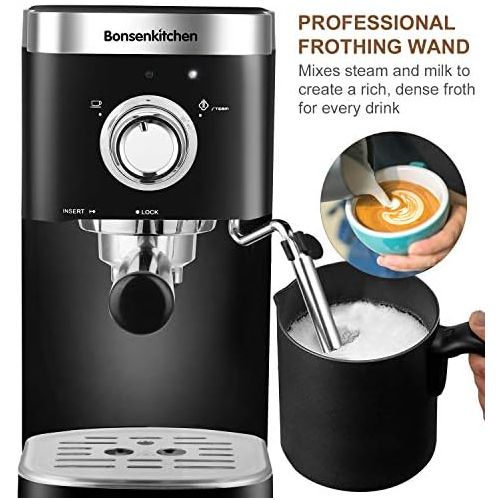  Bonsenkitchen Espresso Machine 20 Bar Expresso Coffee Maker with Milk Frother Wand, Fast Heating Automatic Coffee Machines for Espresso, Cappuccino Latte and Macchiato, 1350W