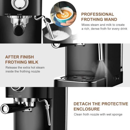  Bonsenkitchen Espresso Machine 20 Bar Expresso Coffee Maker with Milk Frother Wand, Fast Heating Automatic Coffee Machines for Espresso, Cappuccino Latte and Macchiato, 1350W