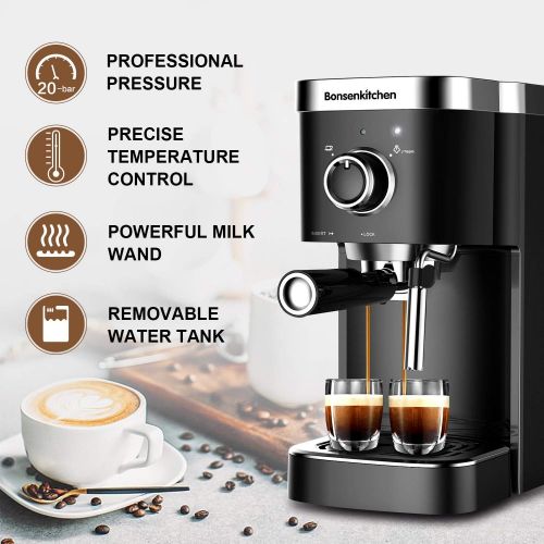  Bonsenkitchen Espresso Machine 20 Bar Expresso Coffee Maker with Milk Frother Wand, Fast Heating Automatic Coffee Machines for Espresso, Cappuccino Latte and Macchiato, 1350W