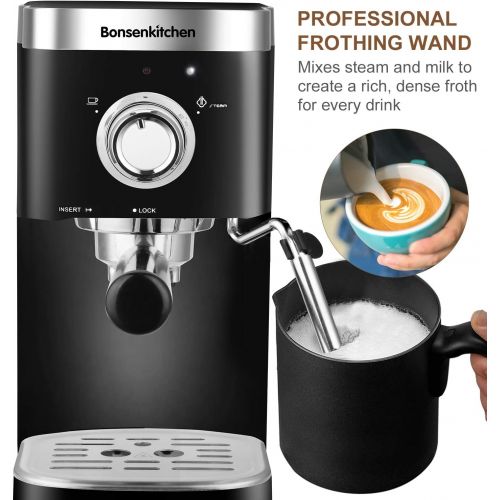  Bonsenkitchen Espresso Machine 20 Bar Expresso Coffee Maker with Milk Frother Wand, Fast Heating Automatic Coffee Machines for Espresso, Cappuccino Latte and Macchiato, 1350W