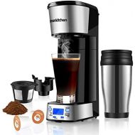 Bonsenkitchen Programmable Single Serve Coffee Makers With Portable Travel Mug Compatible With K Cup Pod & Coffee Ground, Mini 2-In-1 Coffee Machines With Brew Strength Control, Personal Compact