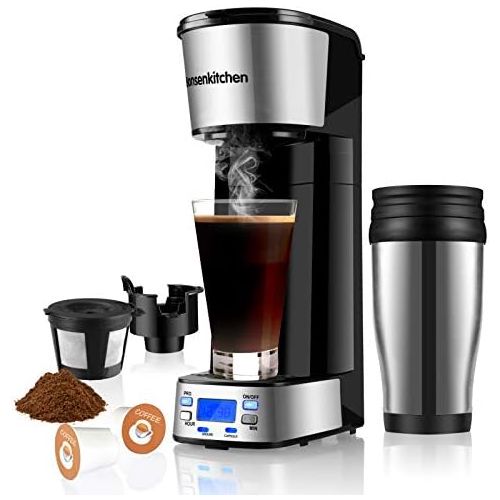  Bonsenkitchen Programmable Single Serve Coffee Makers With Portable Travel Mug Compatible With K Cup Pod & Coffee Ground, Mini 2-In-1 Coffee Machines With Brew Strength Control, Personal Compact