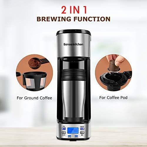  Bonsenkitchen Programmable Single Serve Coffee Makers With Portable Travel Mug Compatible With K Cup Pod & Coffee Ground, Mini 2-In-1 Coffee Machines With Brew Strength Control, Personal Compact