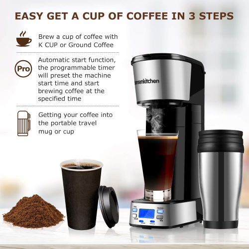  Bonsenkitchen Programmable Single Serve Coffee Makers With Portable Travel Mug Compatible With K Cup Pod & Coffee Ground, Mini 2-In-1 Coffee Machines With Brew Strength Control, Personal Compact