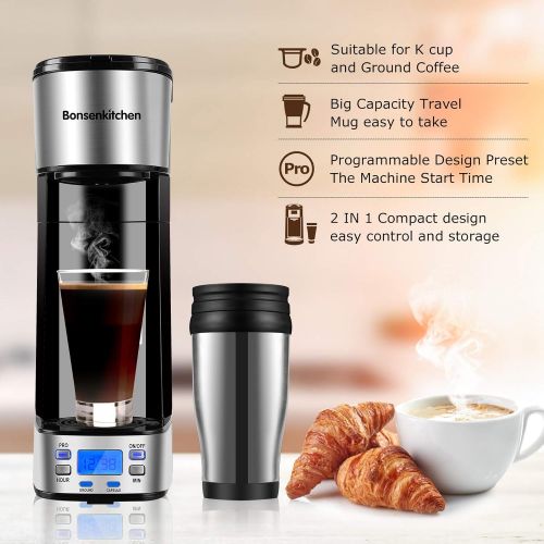  Bonsenkitchen Programmable Single Serve Coffee Makers With Portable Travel Mug Compatible With K Cup Pod & Coffee Ground, Mini 2-In-1 Coffee Machines With Brew Strength Control, Personal Compact