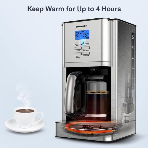  Bonsenkitchen 12 Cup Programmable Stainless Steel Drip Coffee Maker Machines Built in Hot Preservation Board Coffee Pot with Glass Carafe Permanent Filter Basket 60 Oz-(Light Model)-NEW CM8903