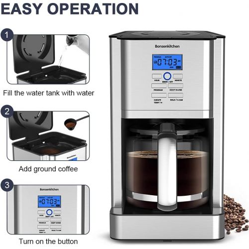  Bonsenkitchen 12 Cup Programmable Stainless Steel Drip Coffee Maker Machines Built in Hot Preservation Board Coffee Pot with Glass Carafe Permanent Filter Basket 60 Oz-(Light Model)-NEW CM8903