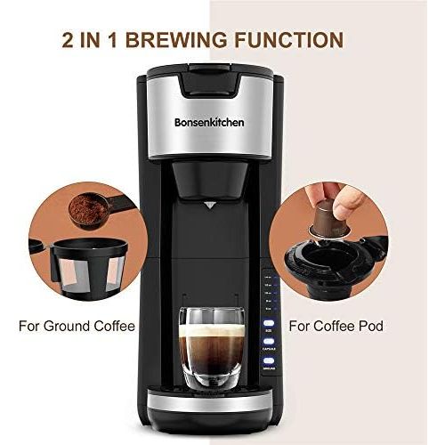  Bonsenkitchen Singles Serve Coffee Makers For K Cup Pod & Coffee Ground, Mini 2 In 1 Coffee Maker Machines 30 Oz Reservoir Brew Strength Control Small Coffee Brewer Machine For office Home Kitch