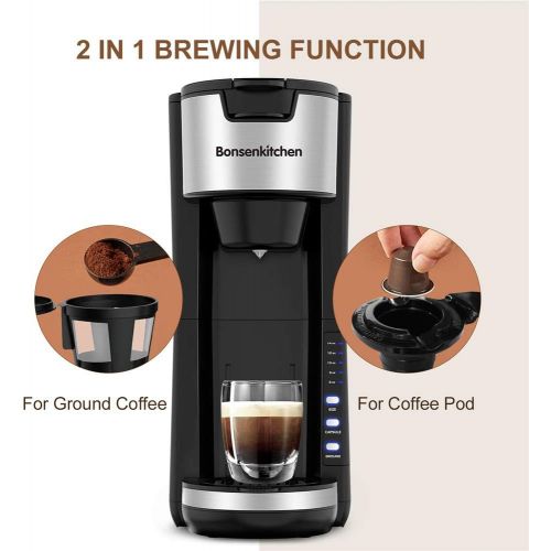  Bonsenkitchen Singles Serve Coffee Makers For K Cup Pod & Coffee Ground, Mini 2 In 1 Coffee Maker Machines 30 Oz Reservoir Brew Strength Control Small Coffee Brewer Machine For office Home Kitch