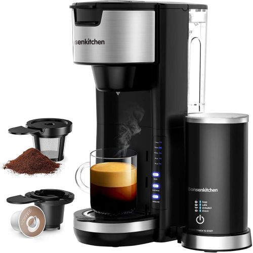  Bonsenkitchen Singles Serve Coffee Makers With Milk Frother, 2-In-1 Coffee Machine For K Cup Pod & Coffee Ground, Latte and Cappuccino Maker, Built in Portable Electric Milk Steamer