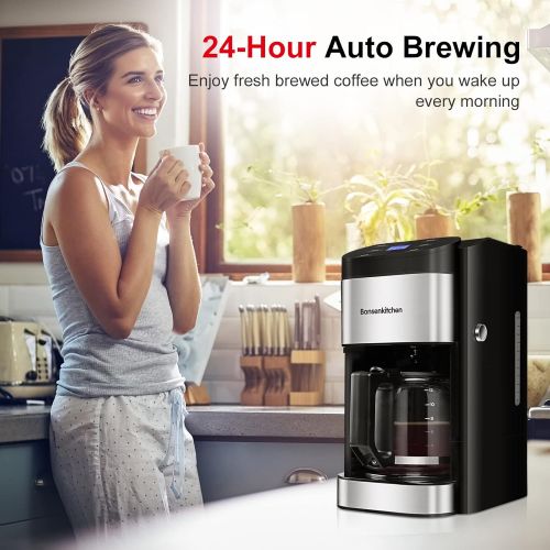  Bonsenkitchen 12-Cup Programmable Coffee Maker, Fast Heating Drip Coffee Machine with Glass Carafe, Coffeemaker with Keep-Warm Function and Auto Shut-off, 1.8L Large Capacity Water Tank, Removab