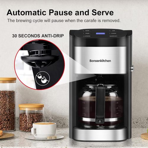  Bonsenkitchen 12-Cup Programmable Coffee Maker, Fast Heating Drip Coffee Machine with Glass Carafe, Coffeemaker with Keep-Warm Function and Auto Shut-off, 1.8L Large Capacity Water Tank, Removab