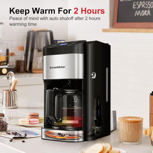  Bonsenkitchen 12-Cup Programmable Coffee Maker, Fast Heating Drip Coffee Machine with Glass Carafe, Coffeemaker with Keep-Warm Function and Auto Shut-off, 1.8L Large Capacity Water Tank, Removab