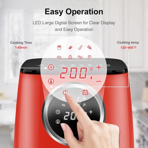  Bonsenkitchen Air Fryer 4 QT, 360°Hot Air Fryer with 8 Presets, Oilless Compact Air Fryer，Small Cooker LCD Digital Touch Screen & Nonstick Basket, UL Certified, 1400W (Red)