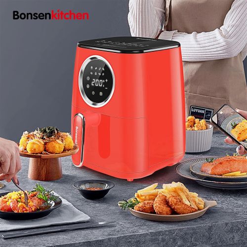  Bonsenkitchen Air Fryer 4 QT, 360°Hot Air Fryer with 8 Presets, Oilless Compact Air Fryer，Small Cooker LCD Digital Touch Screen & Nonstick Basket, UL Certified, 1400W (Red)