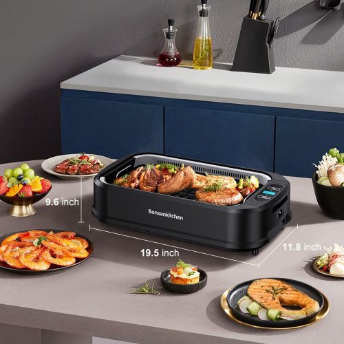  Smokeless Indoor Grill, Bonsenkitchen Electric Grill Indoor with Tempered Glass Lid, Removable Non-Stick Grill & Griddle Plates, LED Smart Temperature Control, Smoke Free Design, 1