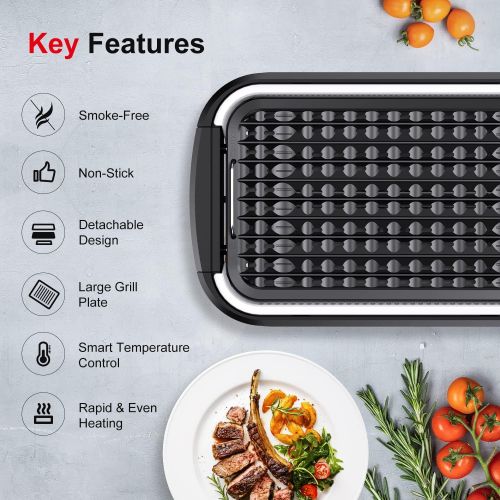  Smokeless Indoor Grill, Bonsenkitchen Electric Grill Indoor with Tempered Glass Lid, Removable Non-Stick Grill & Griddle Plates, LED Smart Temperature Control, Smoke Free Design, 1