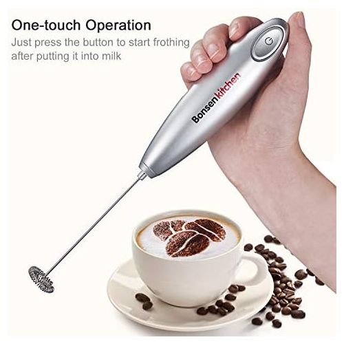  Bonsenkitchen Electric Milk Frother, Automatic Milk Foam Maker for Bulletproof coffee, Matcha, Hot Chocolate Stainless Steel Whisk Battery Operated Mini Drink Mixer Blender