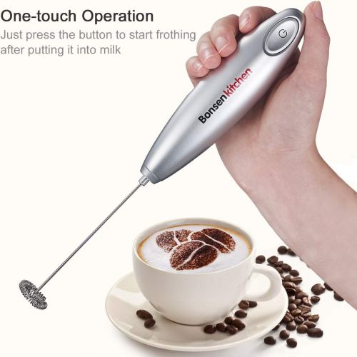 Bonsenkitchen Electric Milk Frother, Automatic Milk Foam Maker for Bulletproof coffee, Matcha, Hot Chocolate Stainless Steel Whisk Battery Operated Mini Drink Mixer Blender
