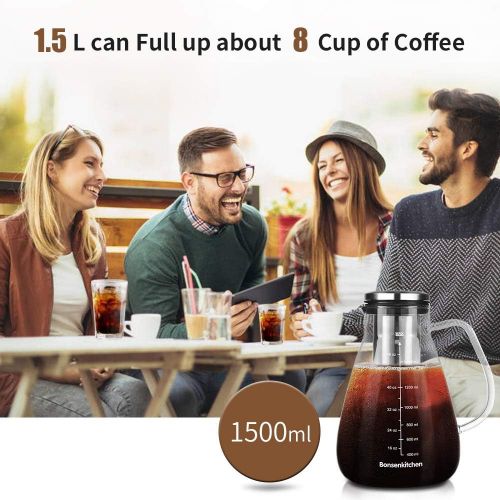  [아마존베스트]Bonsenkitchen Iced Coffee Maker Cold Brew 1.5L/53OZ, Iced Coffee and Tea Brewer with Removable Stainless Steel Filter, Dishwasher Safe, Rustproof, BPA-Free, CP8004