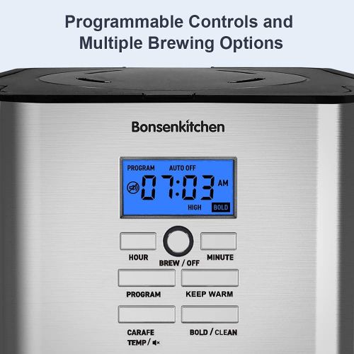  [아마존베스트]Bonsenkitchen 12 Cup Programmable Stainless Steel Drip Coffee Maker Machines Built in Hot Preservation Board Coffee Pot with Glass Carafe Permanent Filter Basket 60 Oz-(Light Model)-NEW CM8903