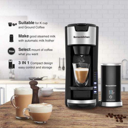  Bonsenkitchen Singles Serve Coffee Makers With Milk Frother, 2-In-1 Coffee Machine For K Cup Pod & Coffee Ground, Latte and Cappuccino Maker, Built in Portable Electric Milk Steamer