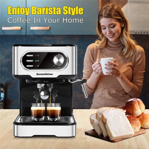  Bonsenkitchen Espresso Machine 15 Bar Coffee Machine With Foaming Milk Frother Wand, 850W High Performance No-Leaking 1.5 Liters Removable Water Tank Coffee Maker For Espresso, Cappuccino, Latte