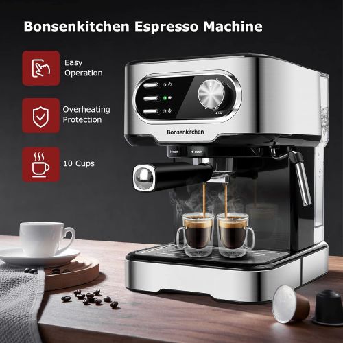  Bonsenkitchen Espresso Machine 15 Bar Coffee Machine With Foaming Milk Frother Wand, 850W High Performance No-Leaking 1.5 Liters Removable Water Tank Coffee Maker For Espresso, Cappuccino, Latte