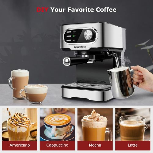  Bonsenkitchen Espresso Machine 15 Bar Coffee Machine With Foaming Milk Frother Wand, 850W High Performance No-Leaking 1.5 Liters Removable Water Tank Coffee Maker For Espresso, Cappuccino, Latte