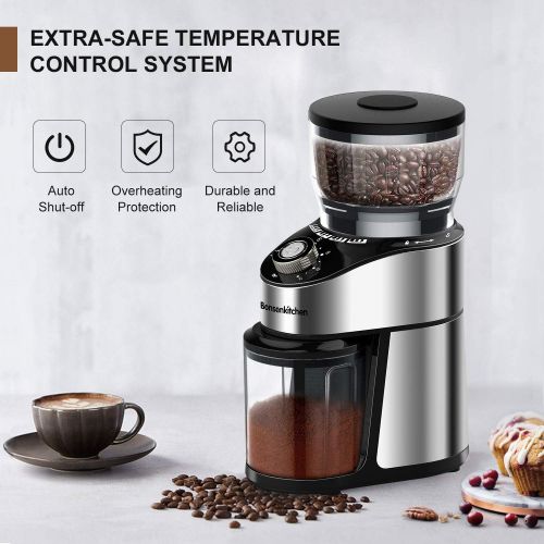  Bonsenkitchen Electric Burr Coffee Grinder, Automatic Conical Burr Mill Coffee Bean Grinder with 12 Precise Grind Settings and Cup Selection, Large Capacity, Stainless Steel