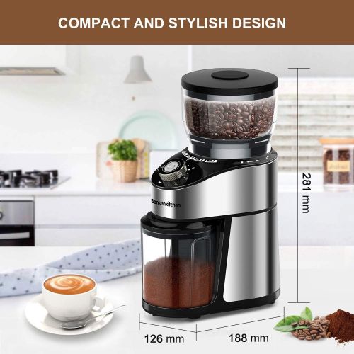  Bonsenkitchen Electric Burr Coffee Grinder, Automatic Conical Burr Mill Coffee Bean Grinder with 12 Precise Grind Settings and Cup Selection, Large Capacity, Stainless Steel