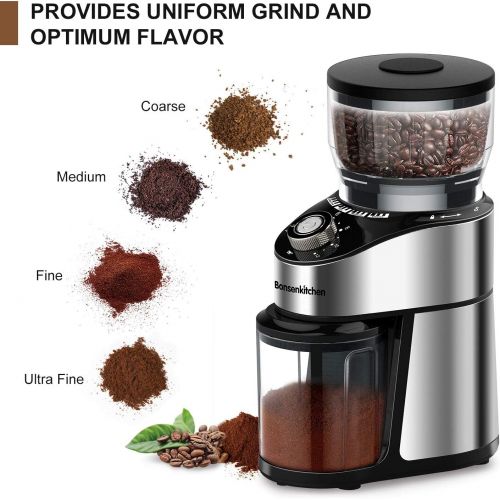  Bonsenkitchen Electric Burr Coffee Grinder, Automatic Conical Burr Mill Coffee Bean Grinder with 12 Precise Grind Settings and Cup Selection, Large Capacity, Stainless Steel