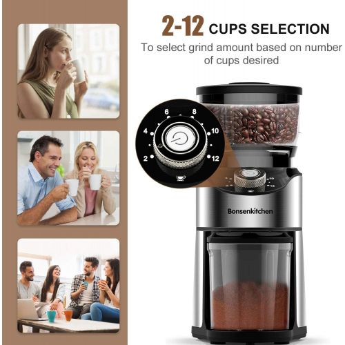  Bonsenkitchen Electric Burr Coffee Grinder, Automatic Conical Burr Mill Coffee Bean Grinder with 12 Precise Grind Settings and Cup Selection, Large Capacity, Stainless Steel