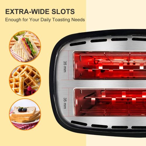  Bonsenkitchen 2 Slices Retro Toaster with 7 Browning Levels and Crumb Tray, 750W, Auto Pop-up Toaster with Defrosting and Warming up Function, Black Compact Toaster