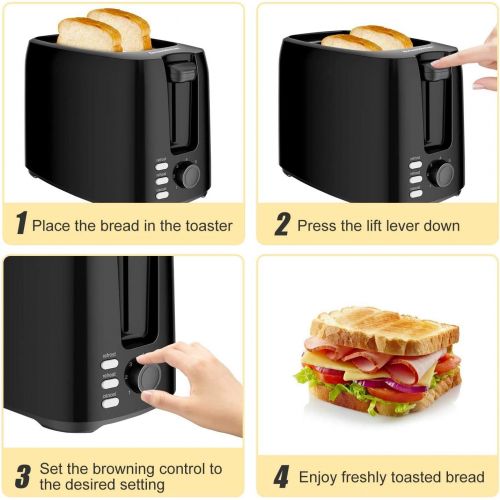  Bonsenkitchen 2 Slices Retro Toaster with 7 Browning Levels and Crumb Tray, 750W, Auto Pop-up Toaster with Defrosting and Warming up Function, Black Compact Toaster
