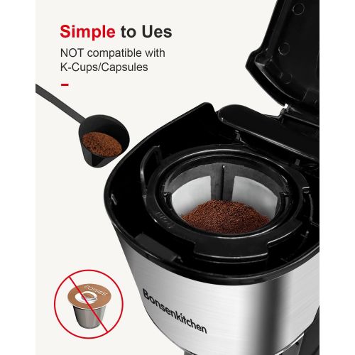  Bonsenkitchen Small Coffee Maker Single Serve, Compact Single Cup Coffee Machines for Travel, Portable Personal Coffee Brewer with Auto Shut Off Function & Reusable Eco-Friendly Filter, 14oz