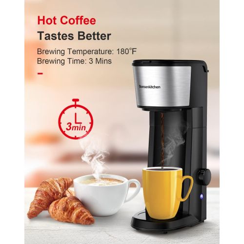  Bonsenkitchen Small Coffee Maker Single Serve, Compact Single Cup Coffee Machines for Travel, Portable Personal Coffee Brewer with Auto Shut Off Function & Reusable Eco-Friendly Filter, 14oz
